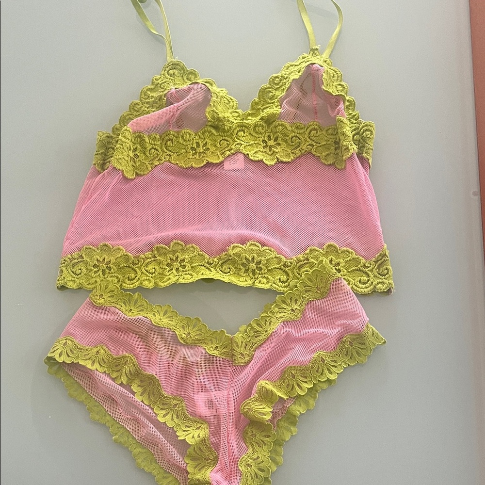 Pink and Green Lace Trim Lingerie Set